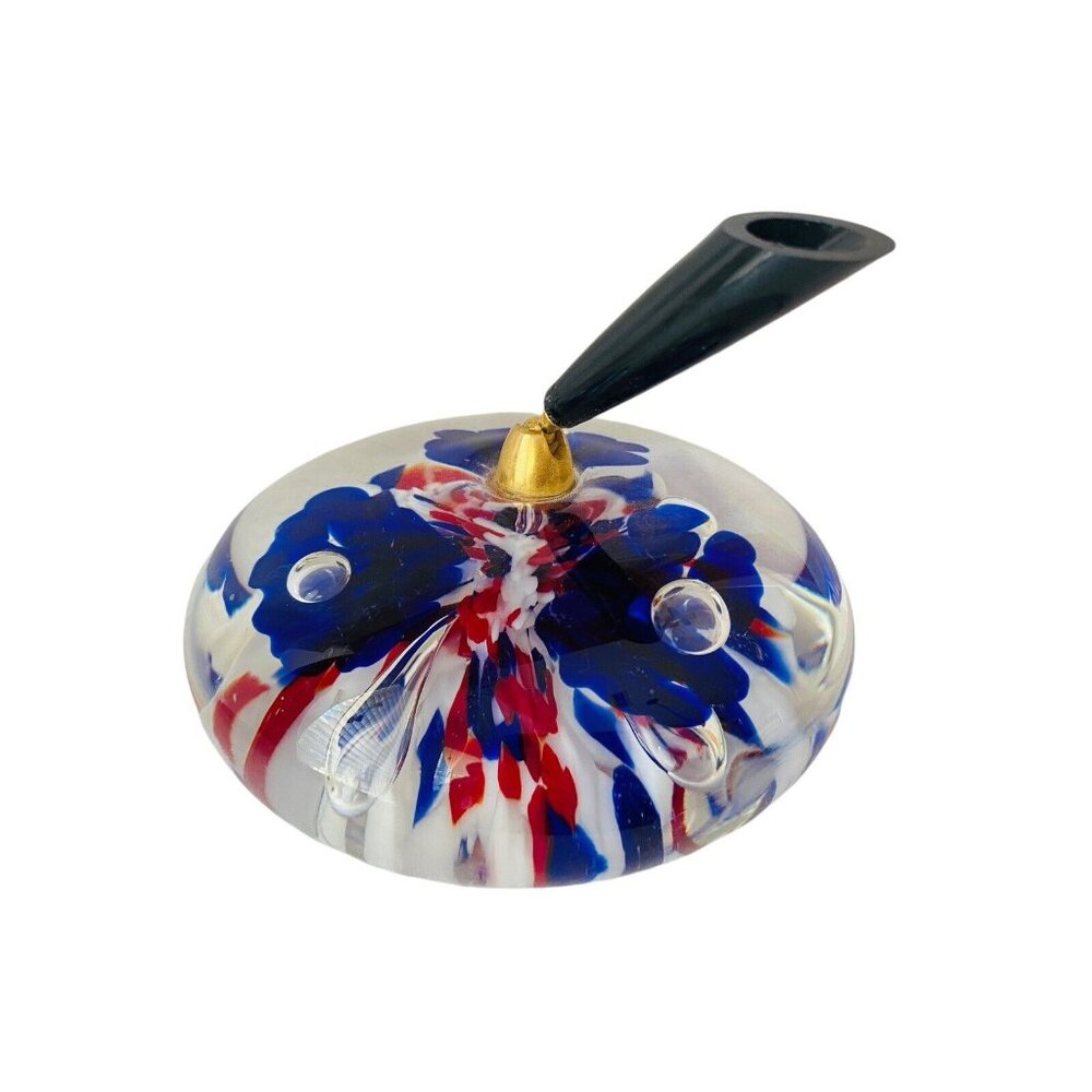 Vtg Joe Rice Glass Blown Paperweight 2002 Red White Blue Pen Holder Patriotic